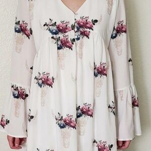 Bohemian Bell sleeve baby doll dress floral cattle skull
